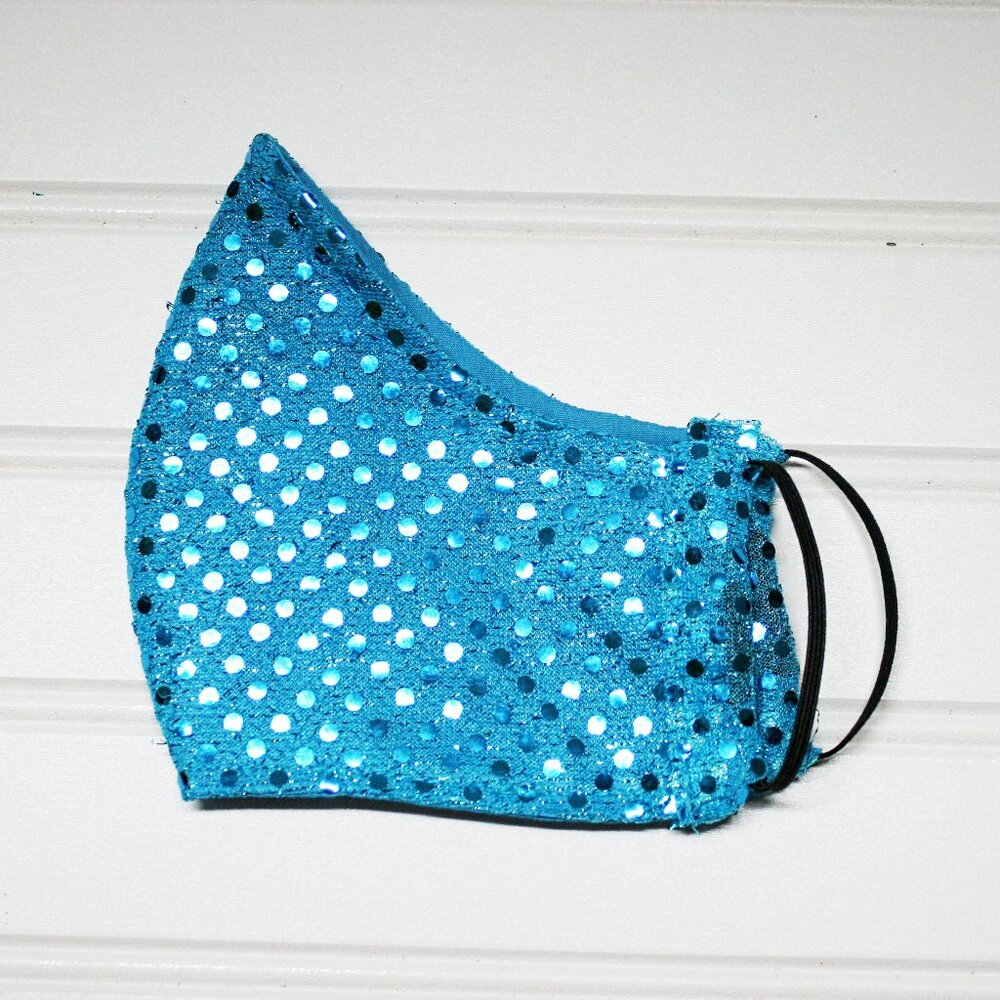HAND CRAFTED Face Mask Turquoise Confetti Dot Sequin - Adult - Shield Style - Picture 3 of 14